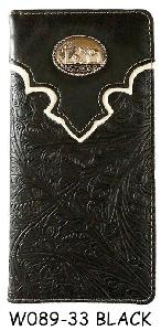 Western Style Bi-Fold Checkbook Wallet With Praying Horse Emblem & Floral Embossing - Black