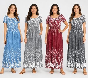 Floral Leaf Print Short Sleeve Long Dresses - Assorted
