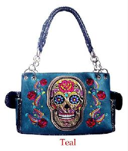 Wholesale Embroidery Sugar Skull Teal Handbag