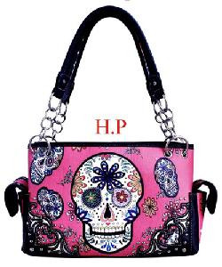 Wholesale Hot Pink Sugar Skull Satchel purse with gun pocket