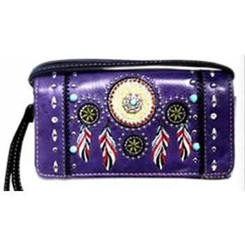 Wholesale Rhinestone Studded Feather Design Wallet Purse Purple