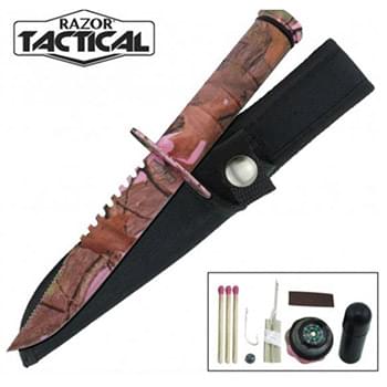 8.5" Survival Knife with Nylon Sheath Pink Camo