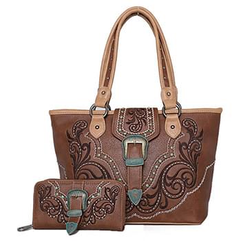 American Bling Boot Scroll Concealed Carry Tote Wallet Set Brown