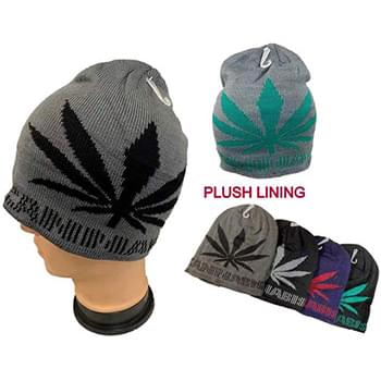 Plush-Lined Knit Beanie Marijuana-Large Leaf