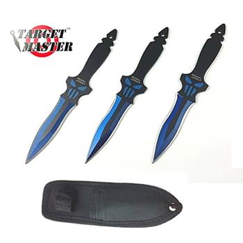 6" Overall 3 PC Punisher Blue Throwing Knife Set w/ Sheath