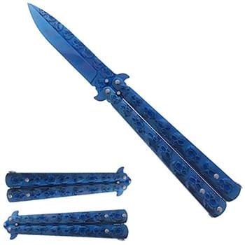 8" Buterfly Knife w/ Skull Engraved Handle  Practice Butterfly Blue