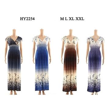 Wholesale V Neck Leaf Printed Sectional Colored Maxi Dresses