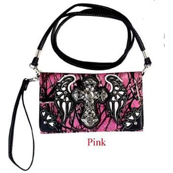 Wholesale Pink Camo Cross with wings wallet purse