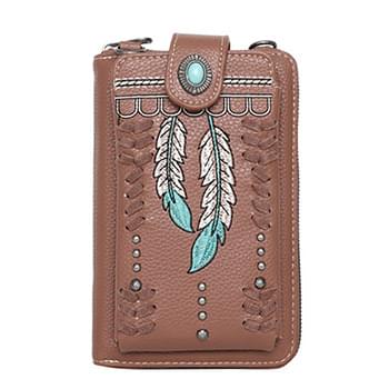 American Bling Leaf Design Collection Crossbody Wallet Purse brown color