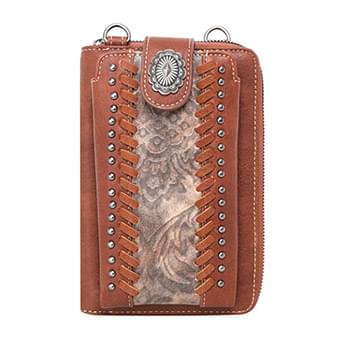 Western embroidered pattern  smartphone wallet/crossbody Brown