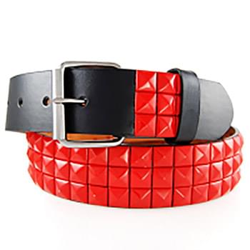 3-Row Metal Pyramid Studded Leather Belt Unisex Mens Womens Red