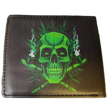 Man Bi-Fold Faux Leather Wallet (Marijuana Smoking Skull)