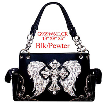 Wholesale Rhinestone  Purse Cross with Wing Black Pewter