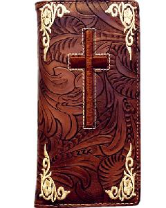 Men's Bi-Fold Western Wallet With Cross - Brown