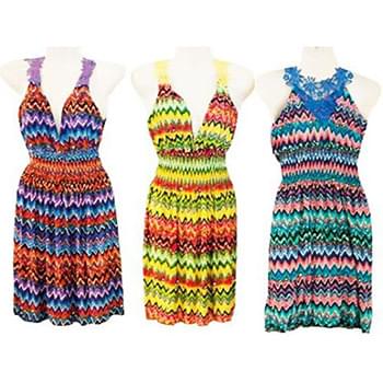 Wholesale Lace Shoulder and Back Chevron Printed Dresses Assorted