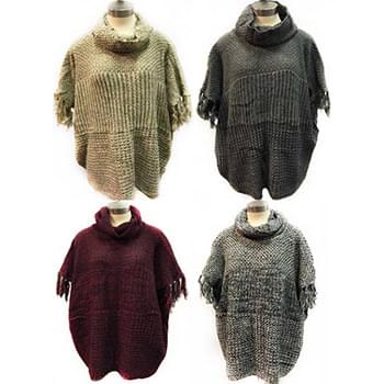 Wholesale Knitted Poncho Solid Color with Fringe Sleeves