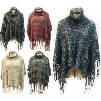 Wholesale Knitted Poncho Sweater Turtle Neck Fringes