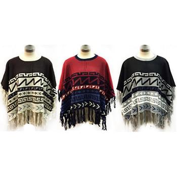 Wholesale Knitted Poncho Abstract Geometric Pattern Fringes