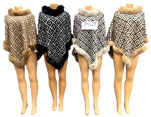 Wholesale Knitted Poncho Aztec Pattern with Faux Fur Ast