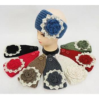 Wholesale Knitted Headbands Solid Color Flower with Crochet Lace
