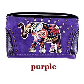 Wholesale Rhinestone Wallet Purse with Elephant Embroidery Purple