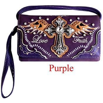 Wholesale Rhinestone Wallet Purse with Cross Wing Love Faith Purple