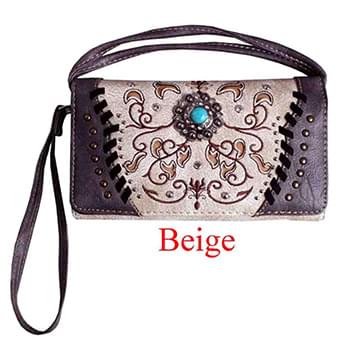 Western Style Conch with Embroidery Wallet Purse Beige