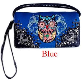 Wholesale Rhinestone Studded Owl Design Wallet Purse Blue