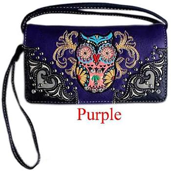 Wholesale Rhinestone Studded Owl Design Wallet Purse Purple