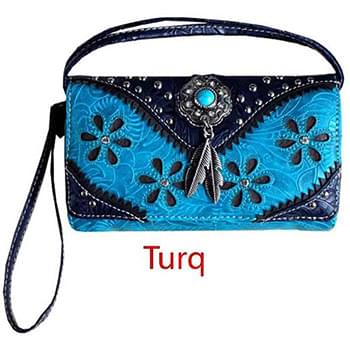 Wholesale Western Studded Flower Design Wallet Purse Turquoise