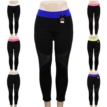 Wholesale Black Yoga Pants with Mesh and Colored Accents Assorted