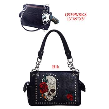 Wholesale Concealed Carry Studded Skull Purse with Rose