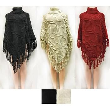 Wholesale Cable Knitted Turtle Neck Ponchos Assorted