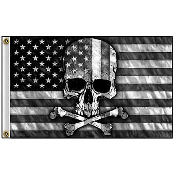 Wholesale Black And White Skull crossbone on USA Flag 3ft by 5 ft