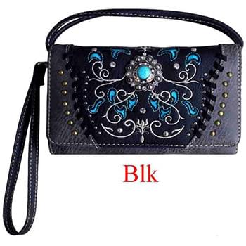 Western Style Conch with Embroidery Wallet Purse Black