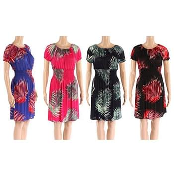 Wholesale Short Sleeve Sun Dress with Palm Leaf Print Assorted
