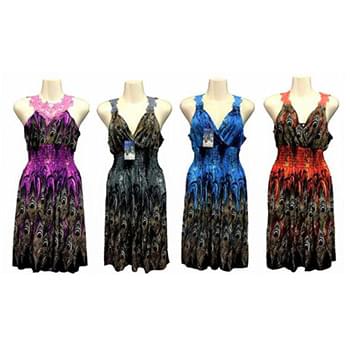 Wholesale Lace Shoulder and Back Peacock Printed Dresses Assorted