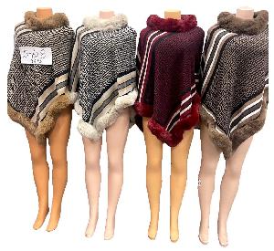 Wholesale Poncho Large Striped Pattern with Faux Fur Collar Ast