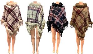 Lady Knitted Classic Plaid Winter Poncho with Faux Fur collar and Fringe