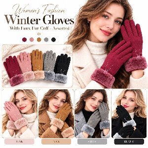 Women's Fashion Winter Gloves With Faux Fur Cuff - Assorted
