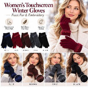 Women's Touchscreen Winter Gloves With Faux Fur & Embroidery - Assorted