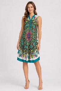 Rayon Mandala Print Umbrella Dresses With Button Placket - Turquoise