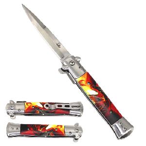 Wholesale 9" Spring Assisted stiletto knife Fire Dragon Design