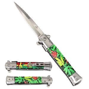 Wholesale 9" Spring Assisted stiletto knife Rasta Marijuana Leaf Design