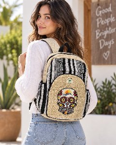 Himalayan Hemp Sugar Skull Backpack – Boho Woven Nepal Backpack