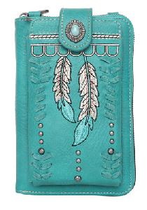 Montana West American Bling Crossbody Wallet Purse - Turquoise Leaf Design
