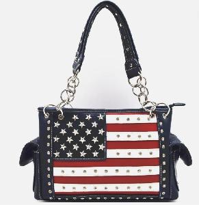 American Flag Purse Rhinestone Patriotic Handbag Concealed Satchel Bag - NAVY