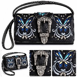 Butterfly Rhinestone Buckle Wallet - Black
