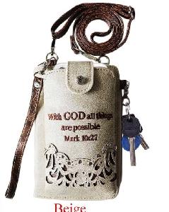 "With God All Things Are Possible" Rhinestone Cross Phone Wallet - Beige