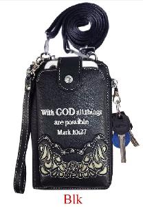 "With God All Things Are Possible" Rhinestone Cross Phone Wallet - Black